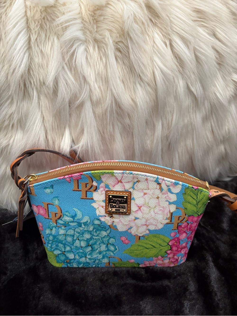 Dooney & Bourke Blue Floral Crossbody Bag with Tan Trim